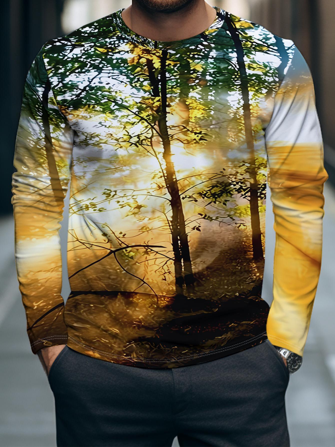 The long-sleeved top is printed with the morning light of the forest, the trees are lush, the sunlight penetrates, and the atmosphere is quiet. S