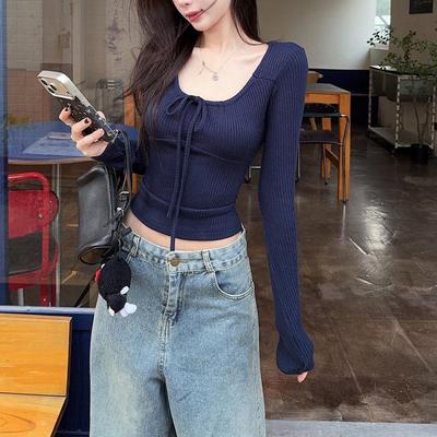 Camiseta de Manga Larga acanalada con U y cordones estilo BM para Mujer - Corte Ajustado, Estilo Europeo y Americano