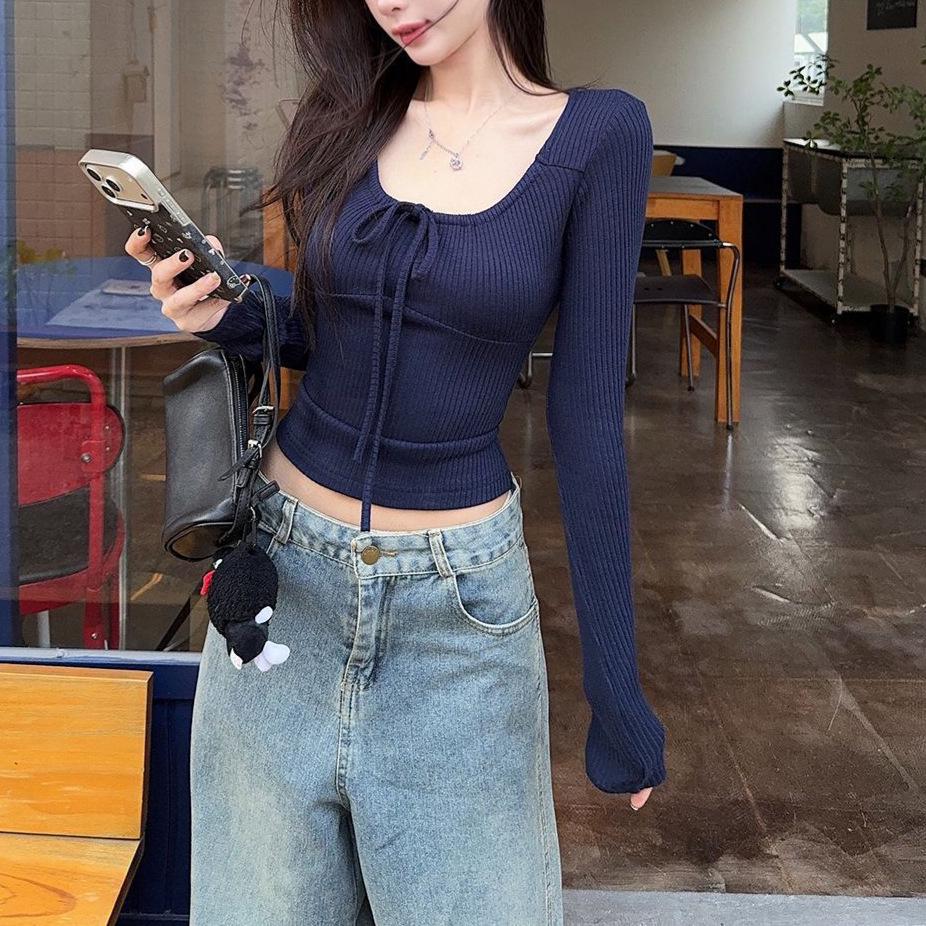 

Women s BM Style Lace-Up U-Neck Ribbed Long Sleeve T-Shirt - Slim Fit, European & American Style Extra Large