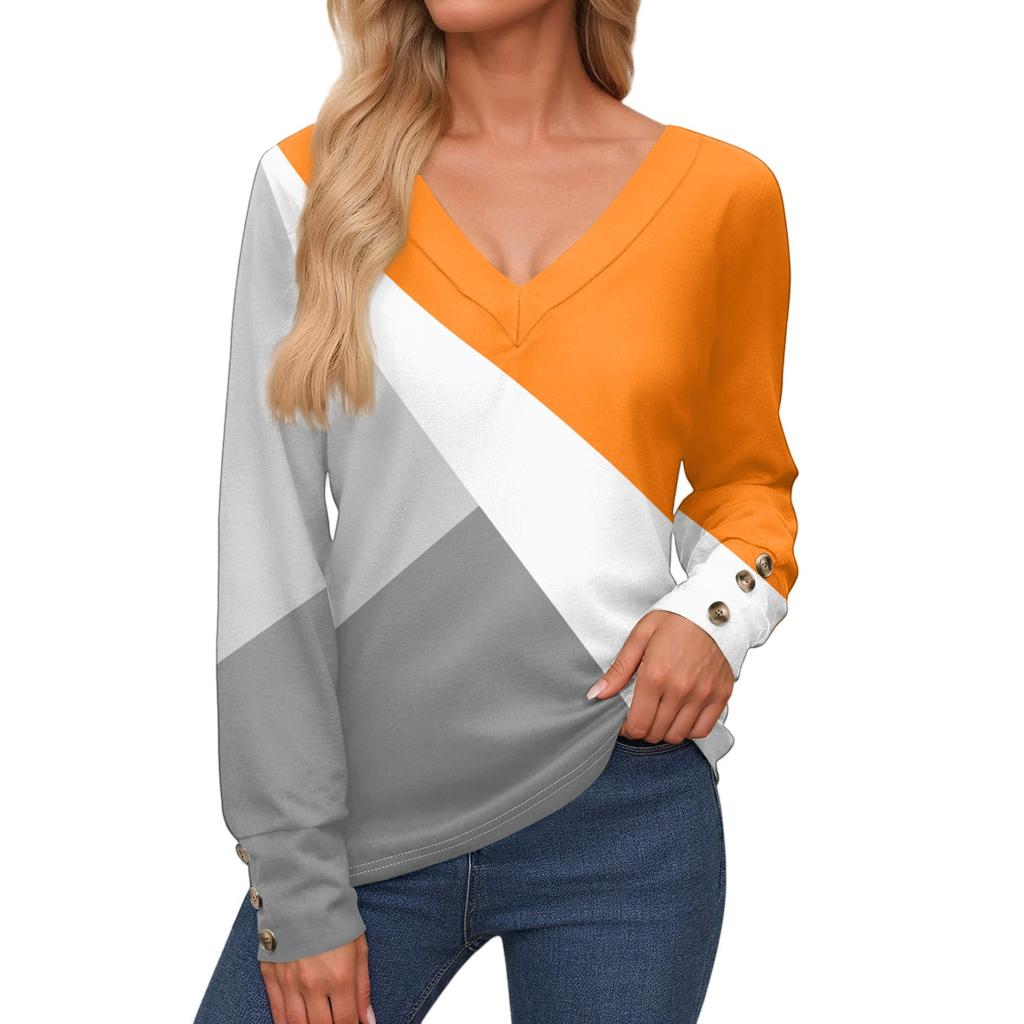 Women's Tops Long Sleeves Cuffs Button Shirt V Neck Casual Loose Tee Plaid, Patchwork Color Tops