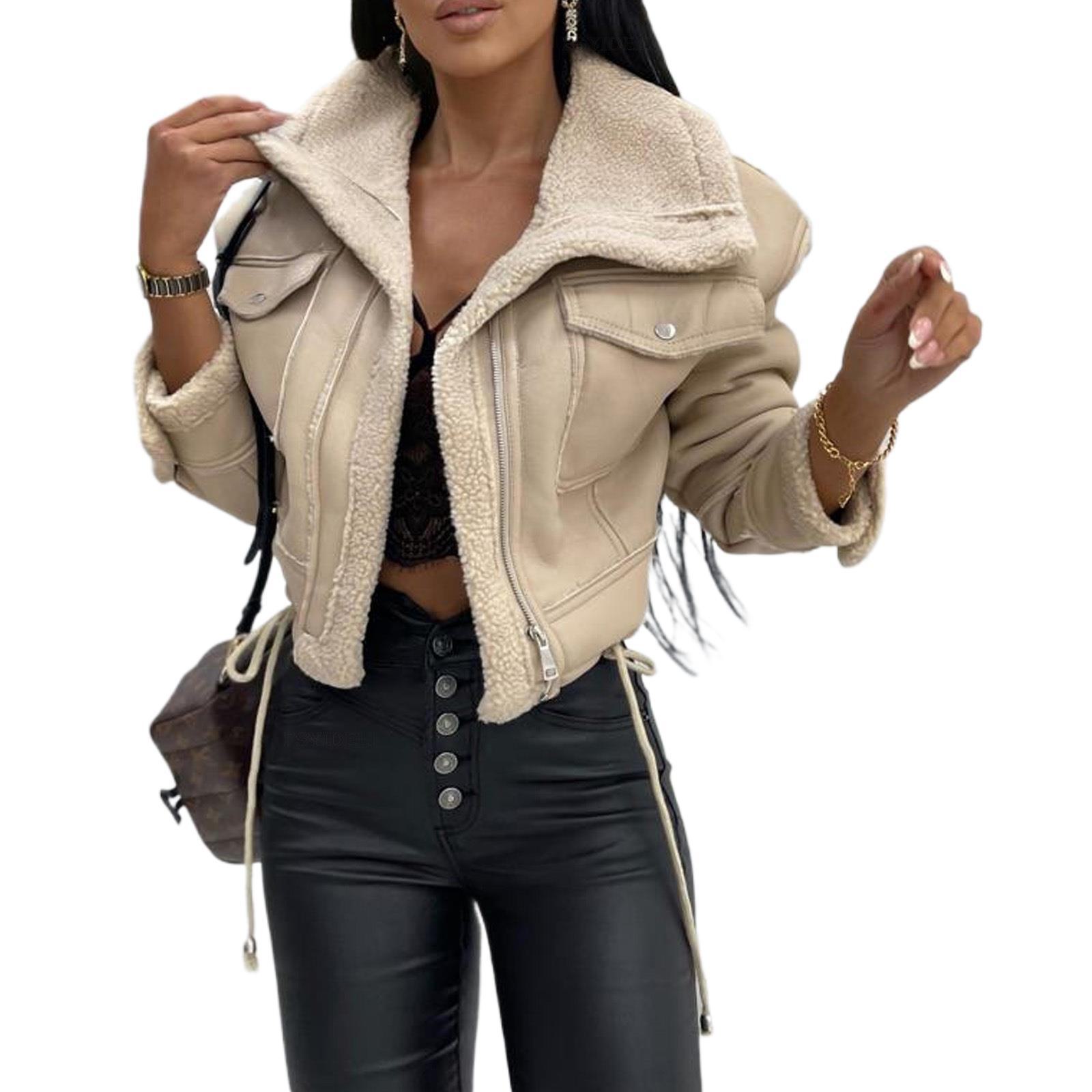 

Женская куртка из искусственной кожи и флиса для мотоцикла с воротником-стойкой и короткой молнией (Модель 3120) S бежевый