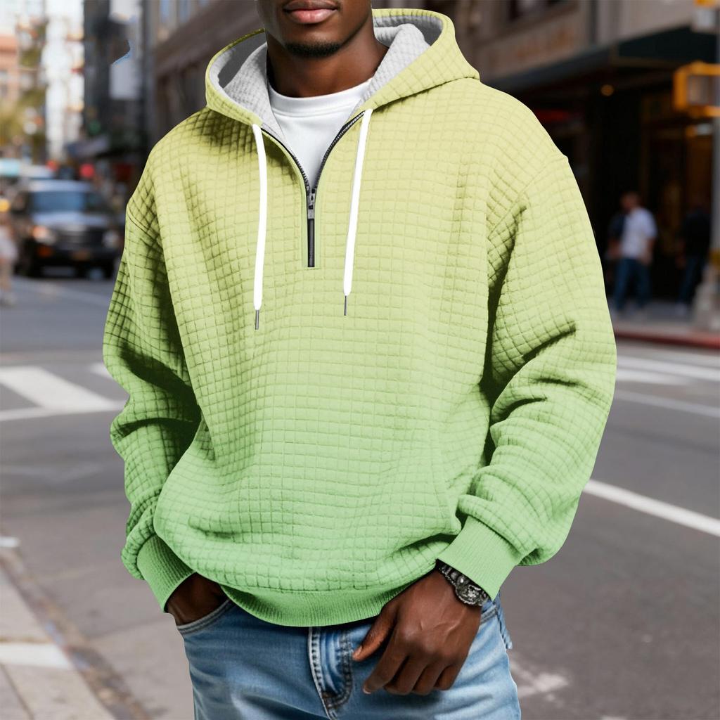 Men's Half-Zip Hooded Plaid Pullover Drawstring Print Casual Sports Sweatshirt