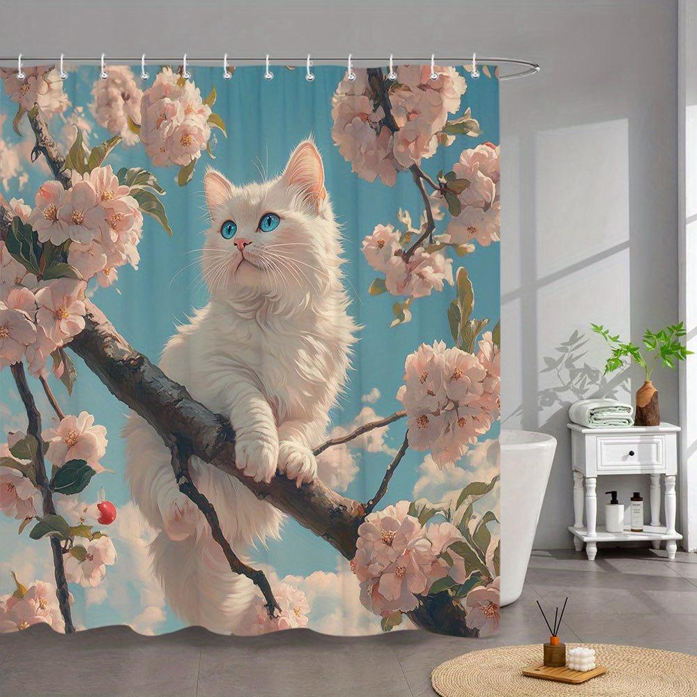 1Pc Fluffy White Cat Cherry Blossom Shower Curtain - Blue Eyes, Pink Flowers, Realistic Tree Branch Design, Polyester With