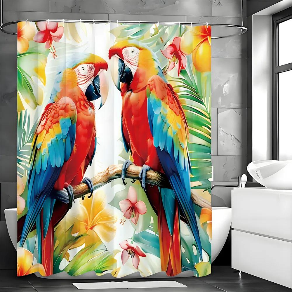 Two parrots are perched on the branch Shower Curtain Washable Dirt-Resistant Shower Head waterproof Polyester Bath Curtain