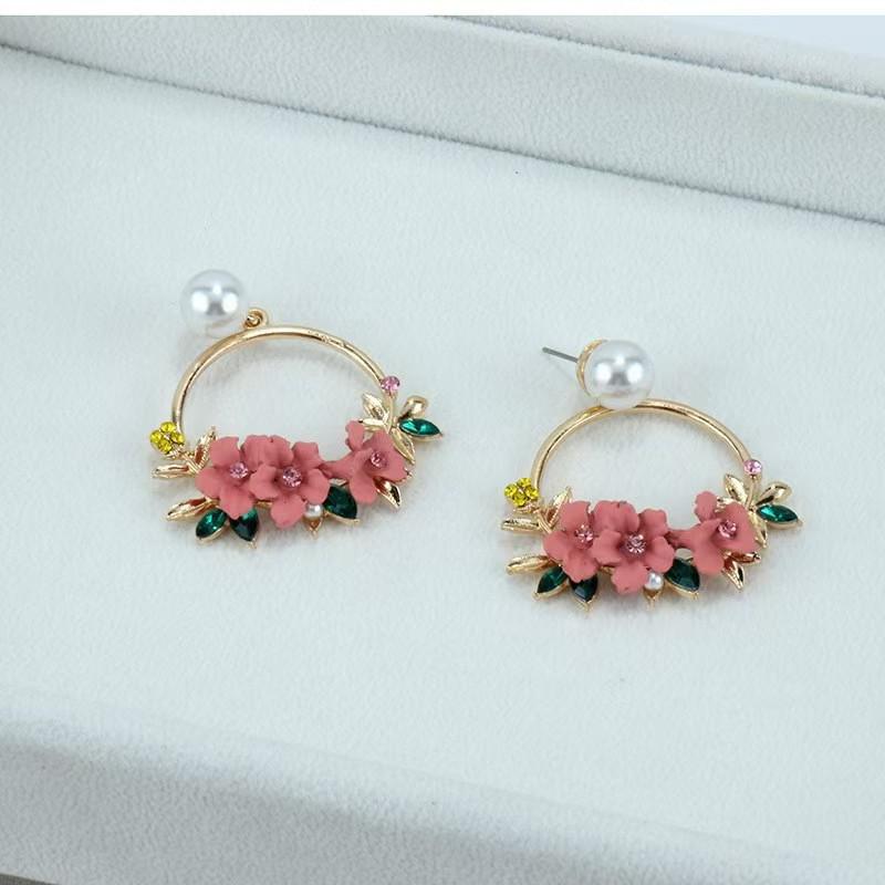 Korean Flower Stud Earrings, Sweet Temperament, Autumn/Winter Style, Polymer Clay with Pearl.