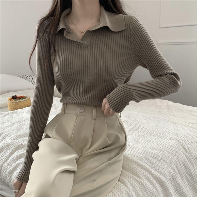 Women's Polo Collar Long Sleeve Knitwear, Korean Slim Fit Ribbed Top for Spring/Summer 2025
