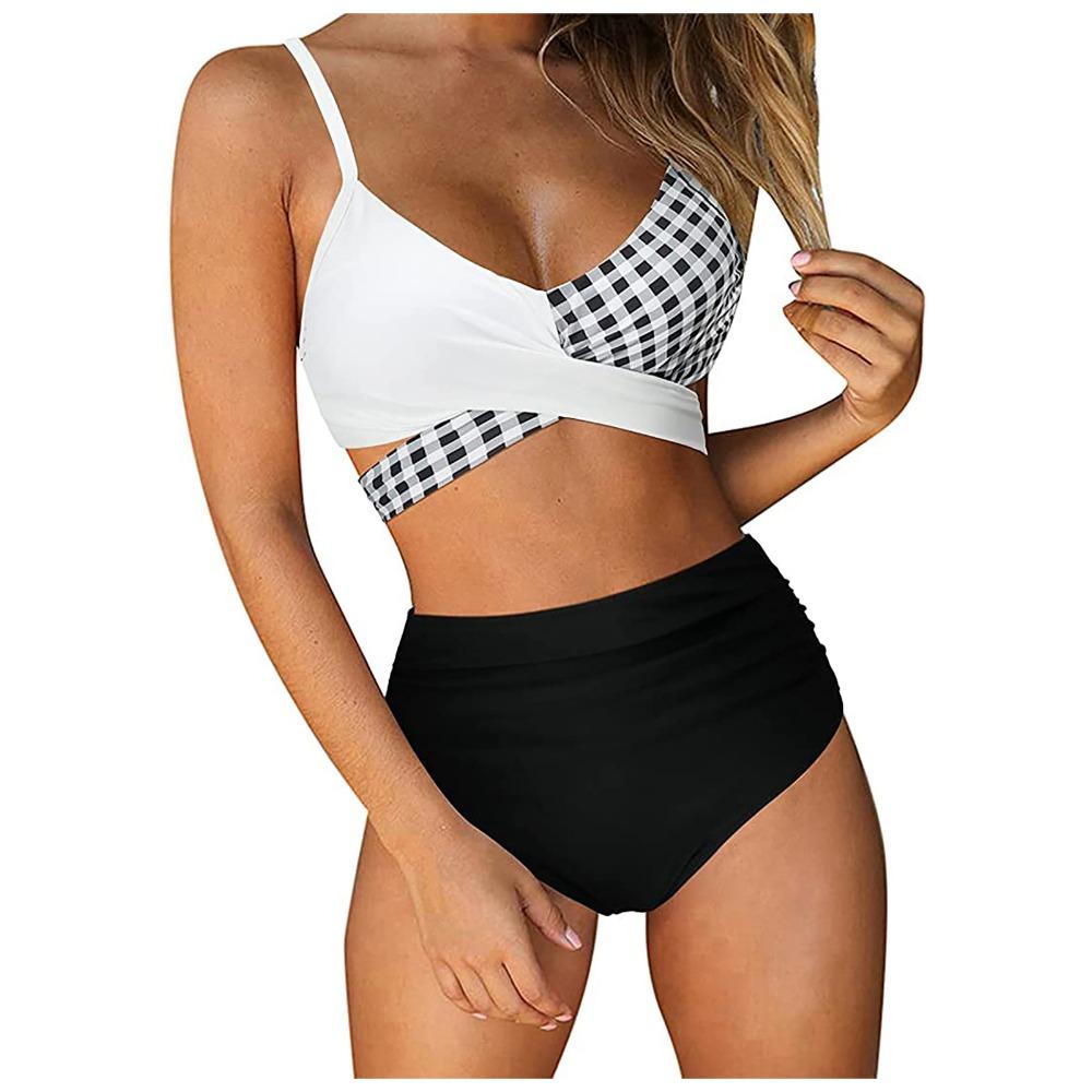 Europäischer und amerikanischer Bikini-Badeanzug für Damen mit hoher Taille und geteilter Cross-Bag