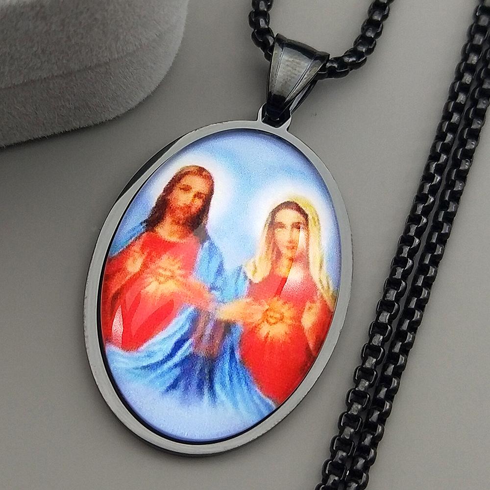 Naszyjnik z wisiorkiem w kształcie szklanego medalika Najświętszego Serca Maryi Jezusa dla Kobiet Mężczyzn Stal Nierdzewna Kolor Złoty Katolicki Amulet Biżuteria