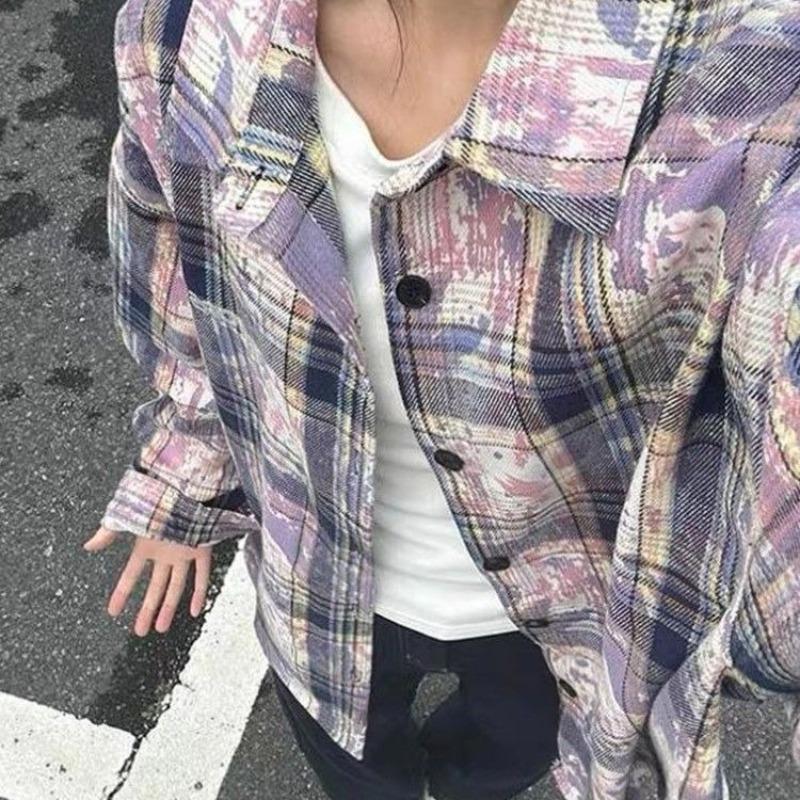 

Lady Color Blocked Checkered Shirt Loose Turndown Collar Single Breasted Women s Blouse Autumn Trendy Fashionable Casual Ladies Long Sleeved Top XL