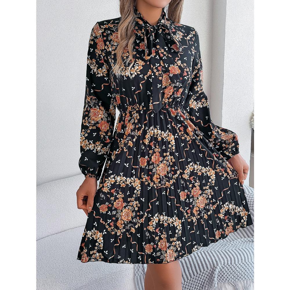 New Elegant Floral Tie Waist Long Sleeve Pleated Skirt Women's Fashion Dresses