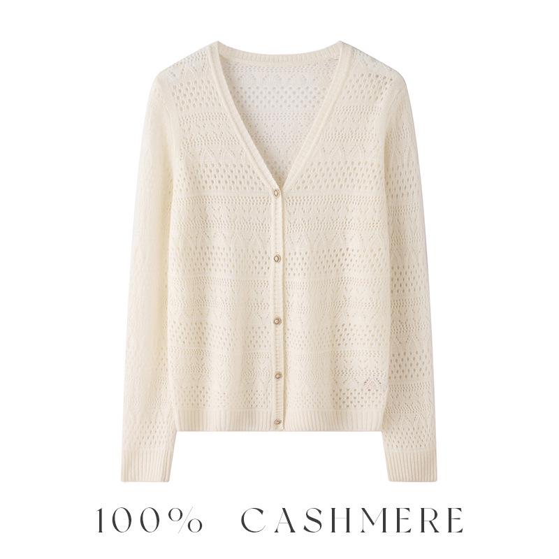 Elegant Women's Cashmere V-neck Cardigan with Hollow Out Design for Autumn/Winter