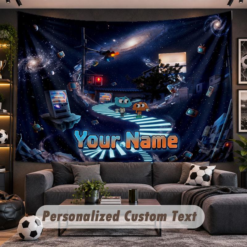 Arazzo da Parete Nome Personalizzato Fantastico Mondo di Gumball Stampa Personalizzata su Tessuto Decorazione Murale