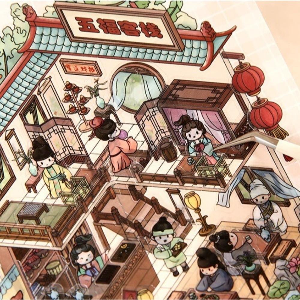 Cabin Scene Ancient-Style Stickers Cartoon Design Landscape Sticker Book  Scrapbooking