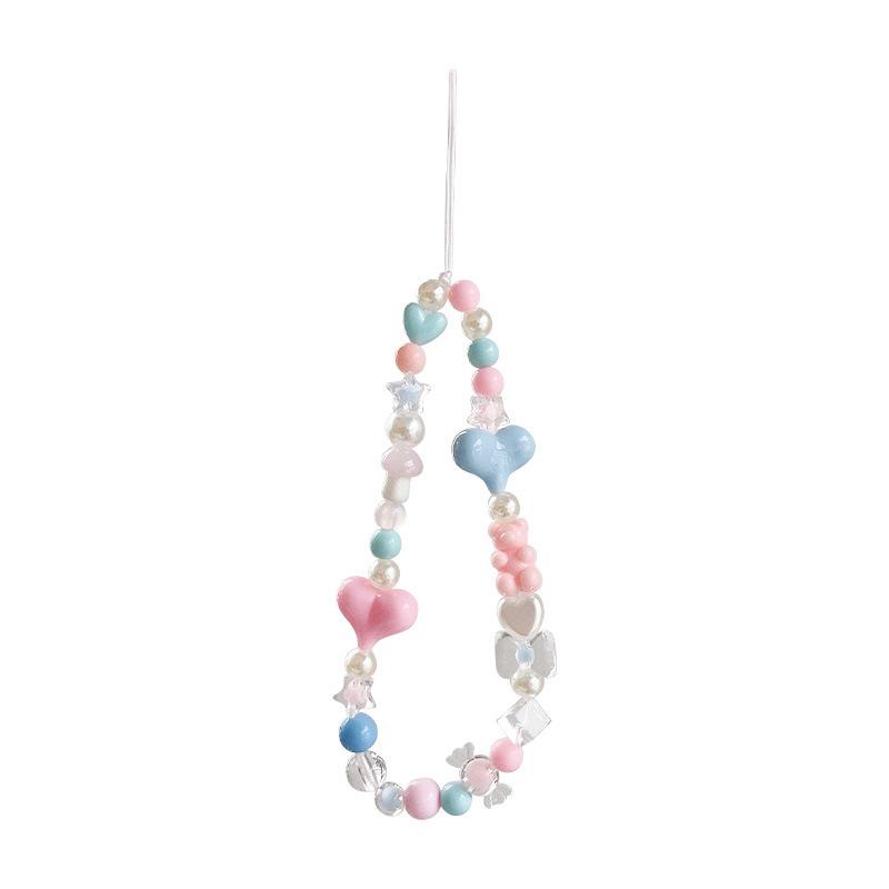Bear Bead Phone Chain Cute Charms Keychain Wristband Strap Girl Woman Cellphone Flower Lanyard