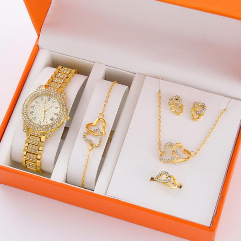 5Pcsset New Popular High-End Fashion Diamond-Encrusted Women S Watch Small Fresh Retro Simple Watch Women S Bracelet Set bulk price