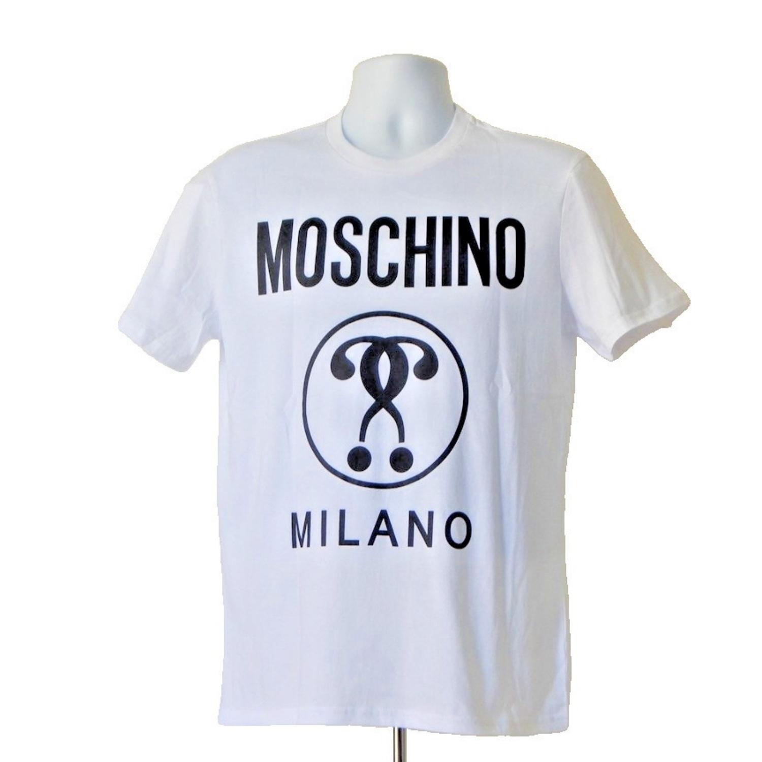 MOSCHINO COUTURE Белая мужская футболка с графическим принтом логотипа  Двойной знак вопроса S чёрный