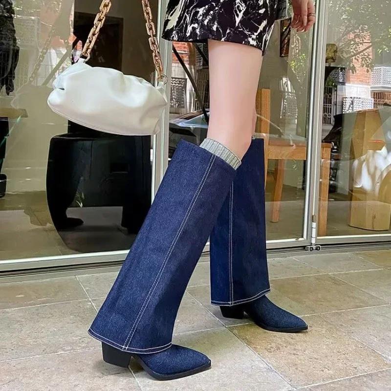 2024 Frühling Herbst Spitzzehen Kniehohe Stiefel Damen Designer Vintage Quadratische Niedrige Absätze Schuhe Modern Lange Botas Para Mujer