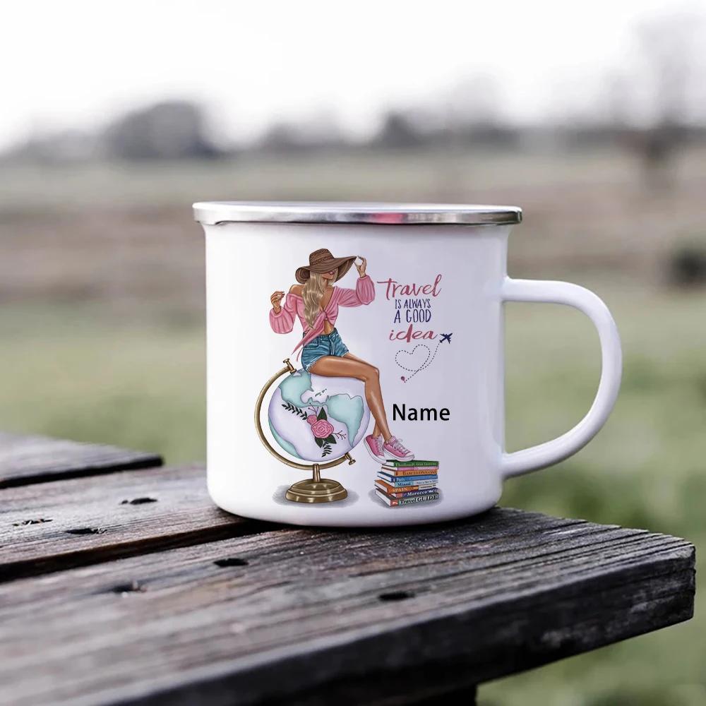 Enamel Mug with Customized Text, Printed Metal Cup, Customized Mugs, Beautiful Woman Red Skirt, Wholesale Cups, Dropshipping