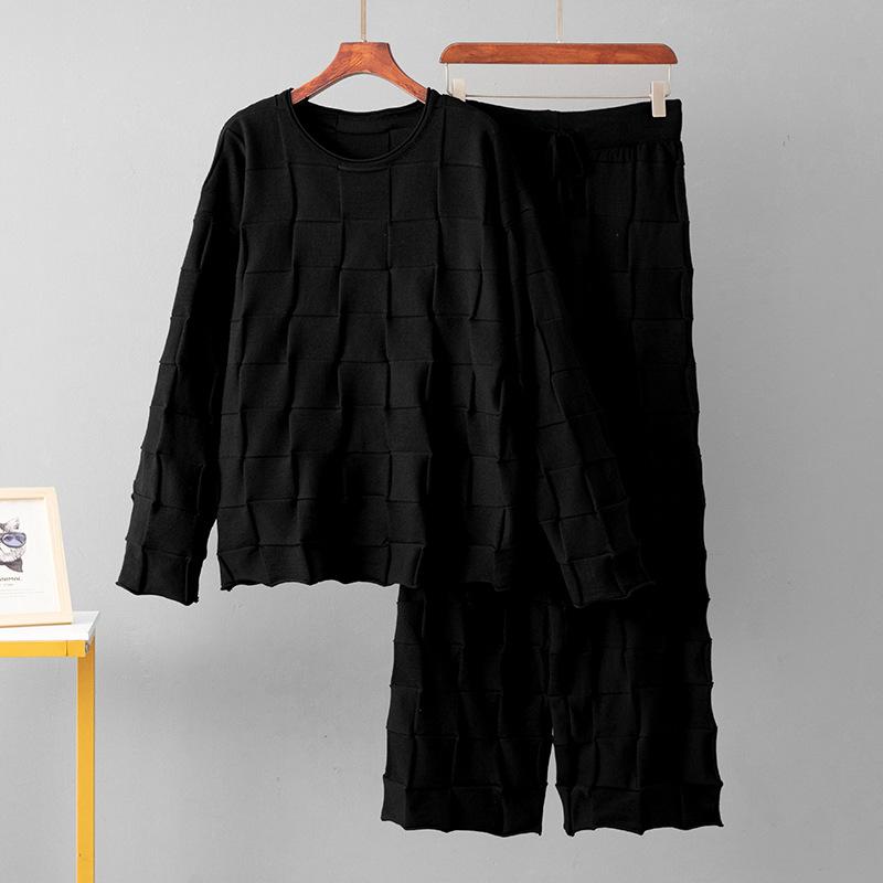 

Wool Suit Autumn Checkered Crew Neck Top + Casual Sports Wide-leg Pants Two-piece Set for Women one size чорний