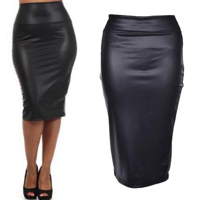 Nová móda Sexy OL Women Faux Leather Pěkná dámská tužková sukně s vysokým pasem ke kolenům