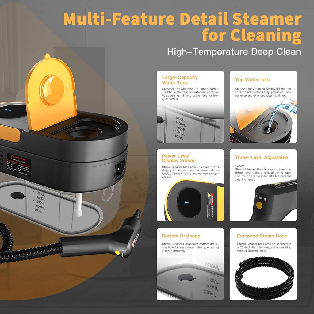 3-Level Adjustable Handle Steam Cleaner, 15s Heat-Up, 1.69 Quarts Tank, Portable Steamer with 11 Accessories for Home, Car, Floor, Couch