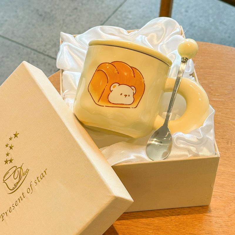 Cute Milk Fufu Cute Mug with Lid Spoon Girls Household Ceramic Coffee Cup Student Breakfast Milk Cup