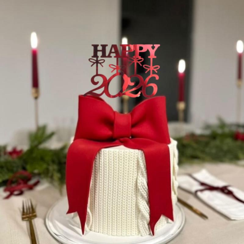 

Hello 2026 New Year Acrylic Cake Decoration Golden Red Cake Topper Decor