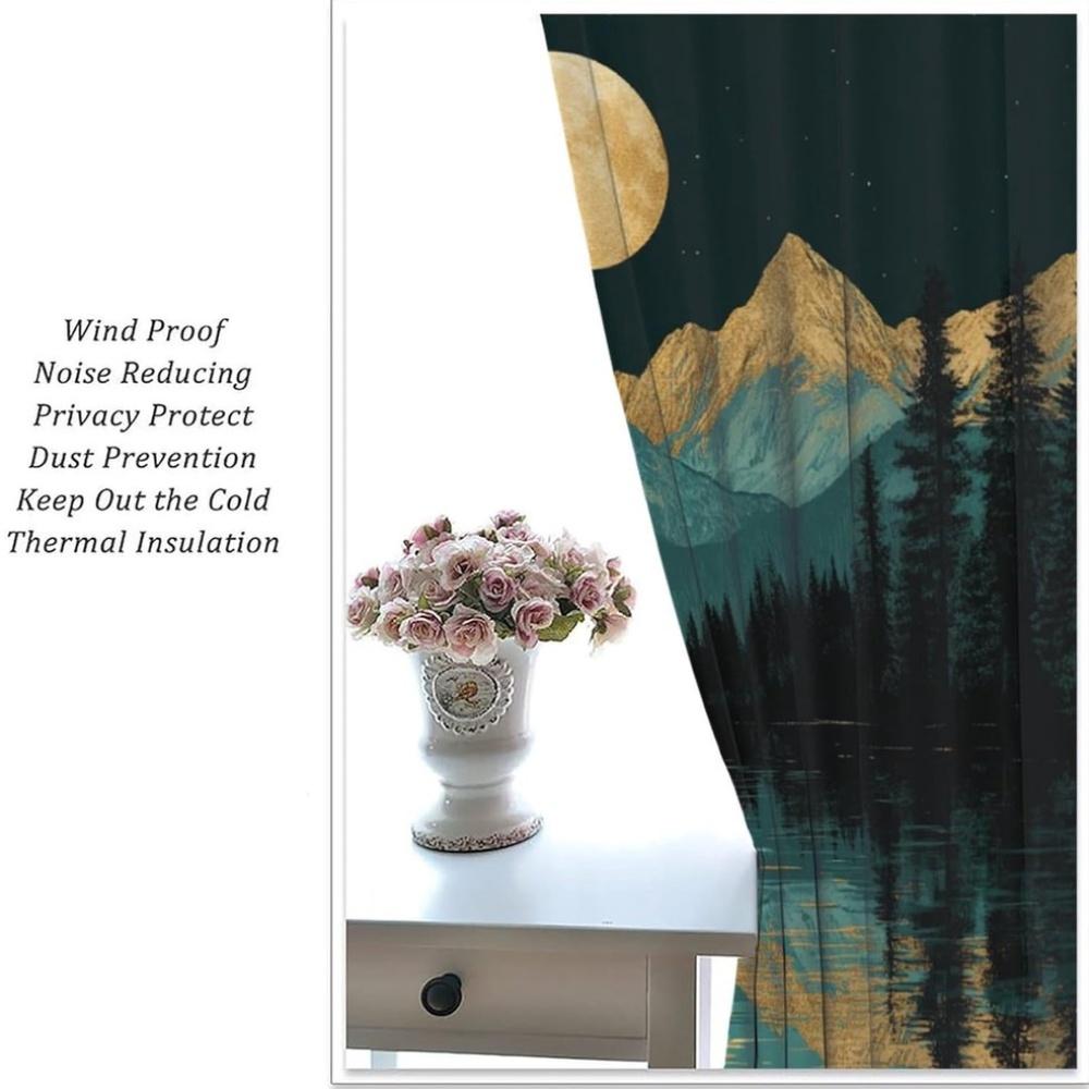 2 Panels Rustic Mountain Forest Blackout Curtains - Thermal Insulated Window Drapes with Night Moon Lake Landscape   Light Filter