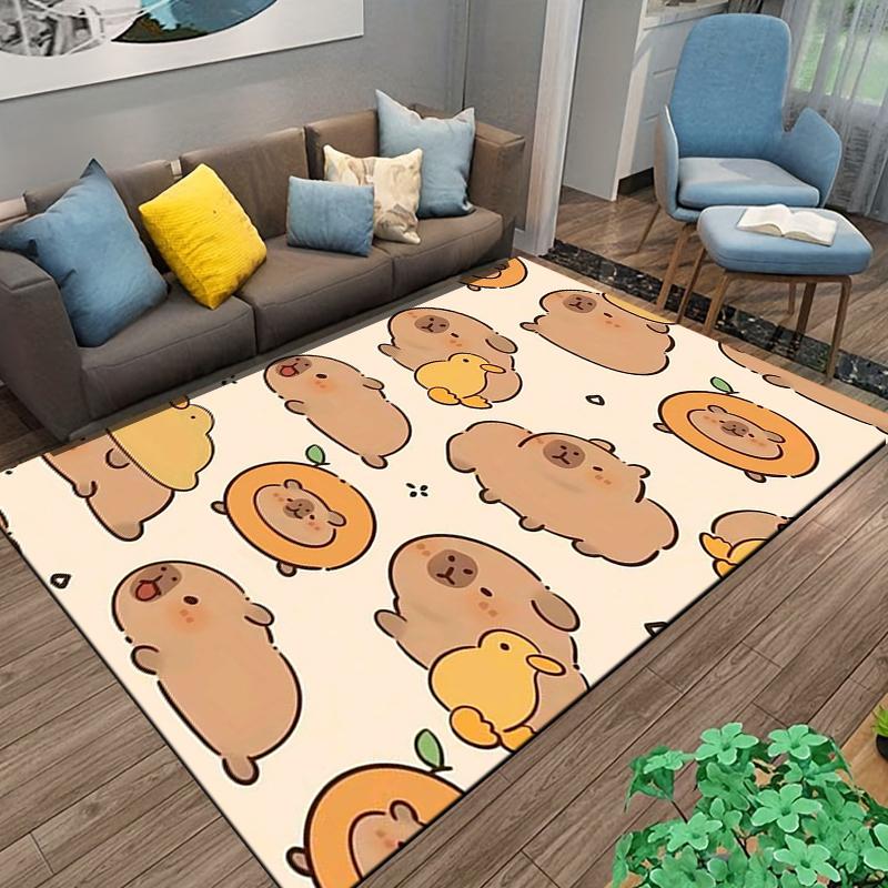 Cute Cartoon Animals Carpet with Bears, Ducks, Fruits, Beige Background Suitable for use as an anti-slip for living room bedroom sofas