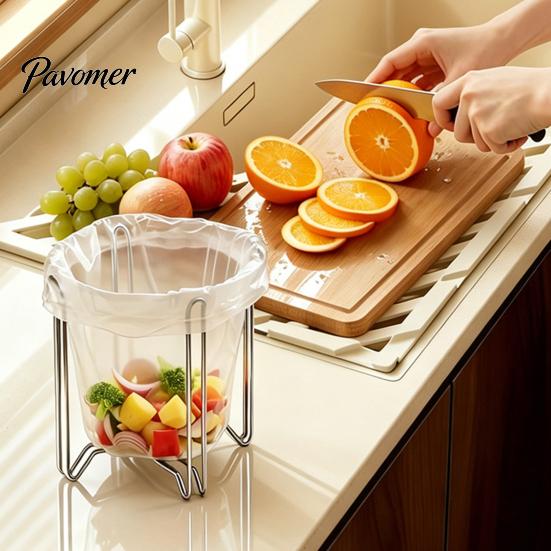 Foldable Garbage Bag Holder Stainless Steel Trash Holder, Space Saving Stable Kitchen Countertop Cleanup Tool Stand, Portable Food Waste Collector for