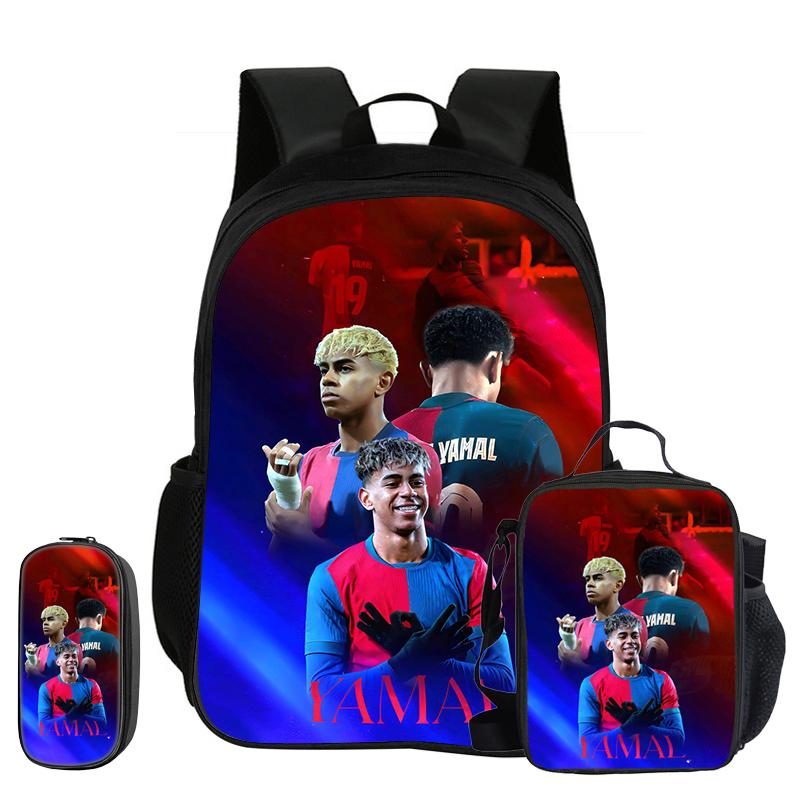 Kinderrugzak L-Lamin Yamal Voetbalster 3-delige Set Schoolrugzak Etui's Boekentas met Lunchtas Sportrugzak Kindercadeau