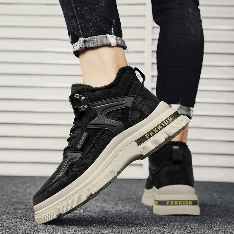 Fashion Winter Mens Boots Luxury Leather Casual Ankle Boots Fashion High Top Cotton Boot Thick Plush Warm Snow Boots Winter Men Sneakers