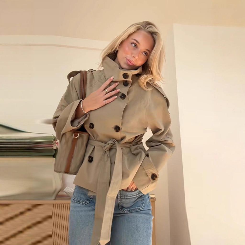 Women's Stand Collar Long Sleeve Jacket Belted Waist Streetwear Double Breasted Short Trench Coat