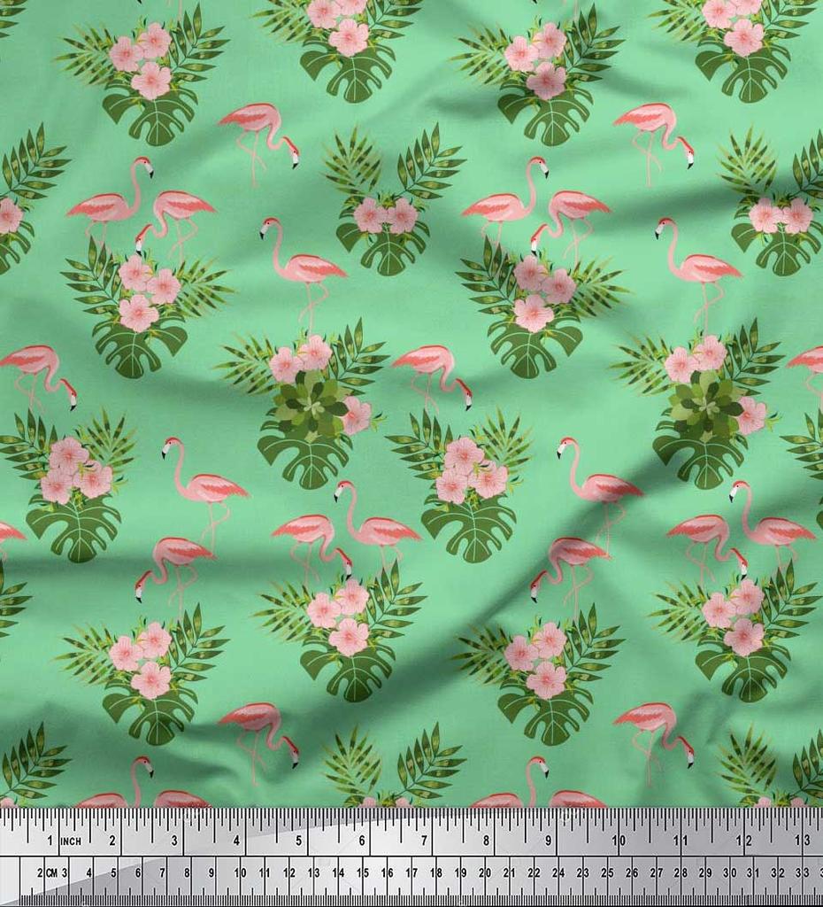Soimoi Japan Crepe Satin Fabric Tropical Leaves,Floral & Flamingo Bird Print Fabric by the metre 42 Inch