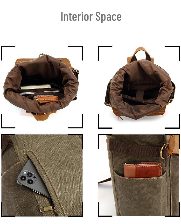 Men's Crazy Horse Leather Travel Backpack and Shoulder Bag with Waxed Canvas Laptop Compartment