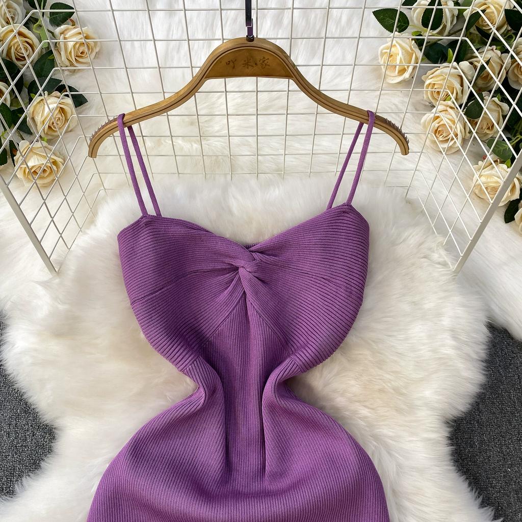 Summer Women Sexy Spaghetti Strap Knitted Sweater Long Midi Home Chic Sheath Dresses
