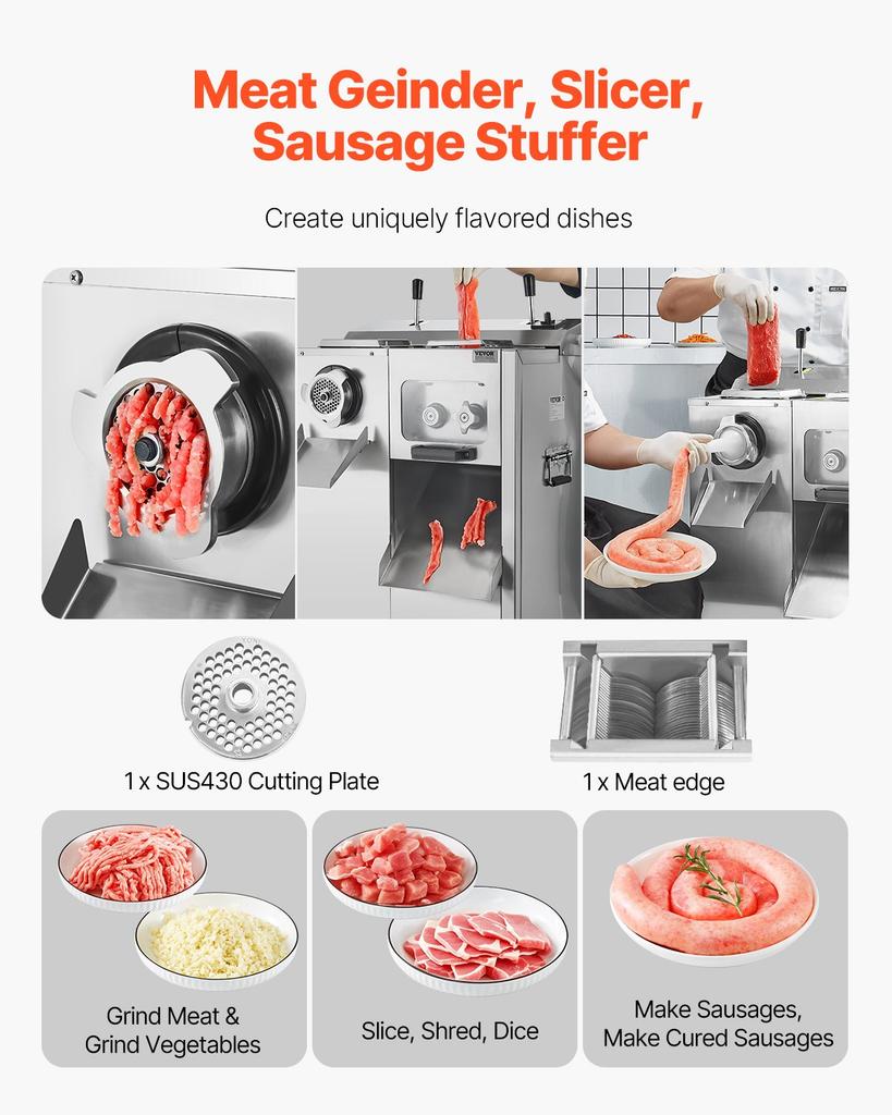 VEVOR Meat Grinder, 14 Lbs/Min Electric Meat Grinder, Slicer, Sausage Stuffer with Blade, Grinding Plate, Sausage Maker