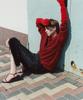 MOONSUN 02 M.C Unisex, Stripe Wool Collar Knit / Deep Red
