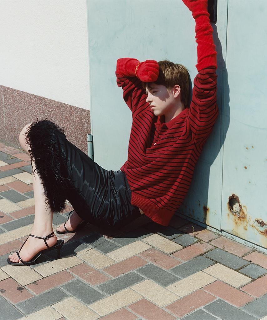 MOONSUN 02 M.C Unisex, Stripe Wool Collar Knit / Deep Red