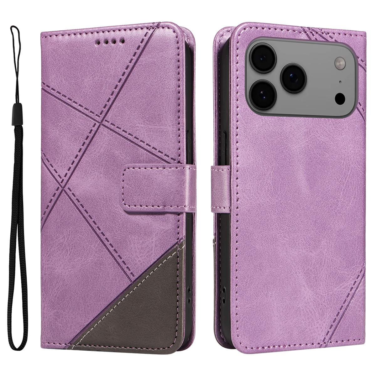 

For iPhone 17 Pro Max Leather Case Geometric Line Design Wallet Phone Cover with Wrist Strap Purple