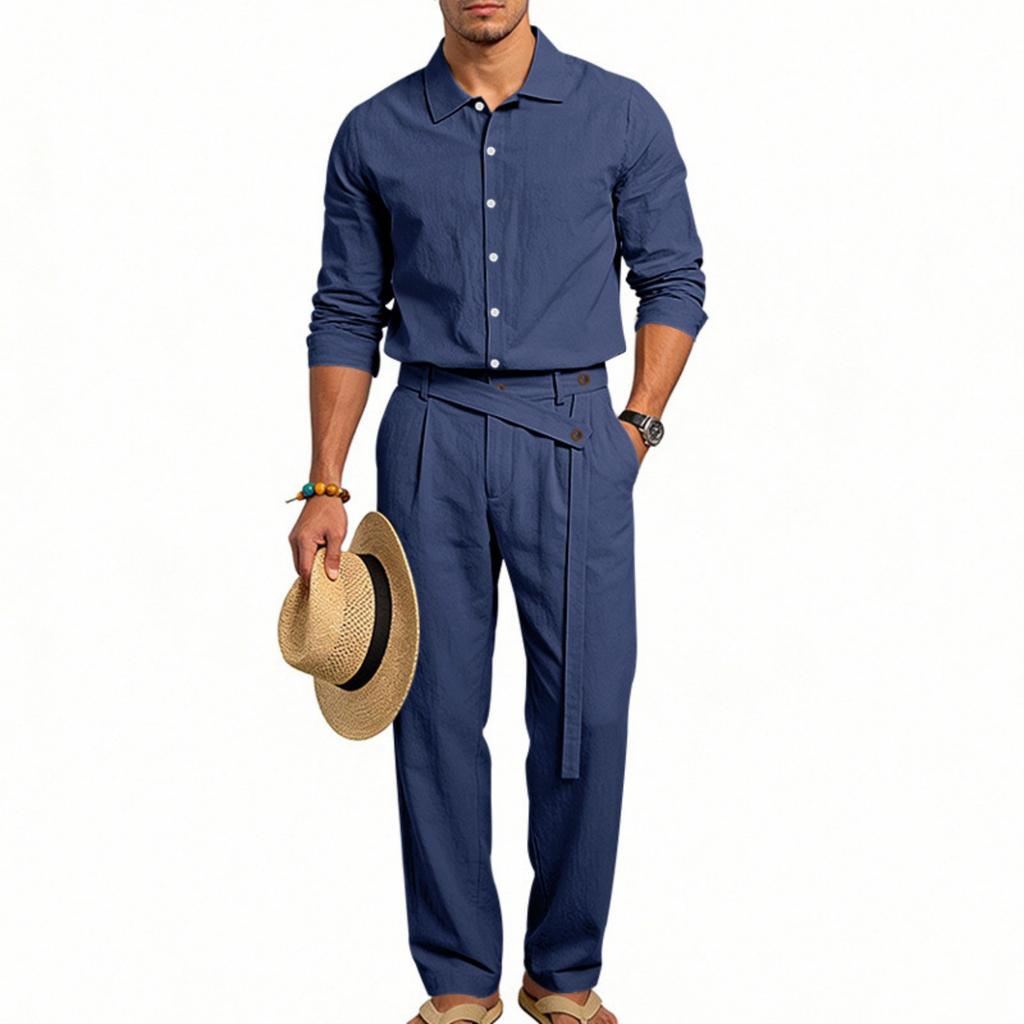 Men's Casual Linen Long Sleeve Shirt and Pants Set Two Piece Outfit for Summer Everyday Wear