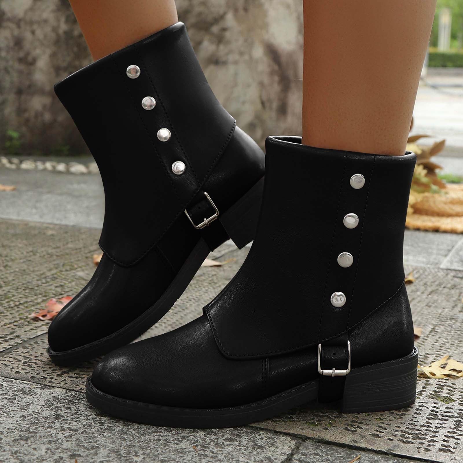 Women s Fashion Round-Toe Belt Buckle  Mid-Heel Western Boots 37