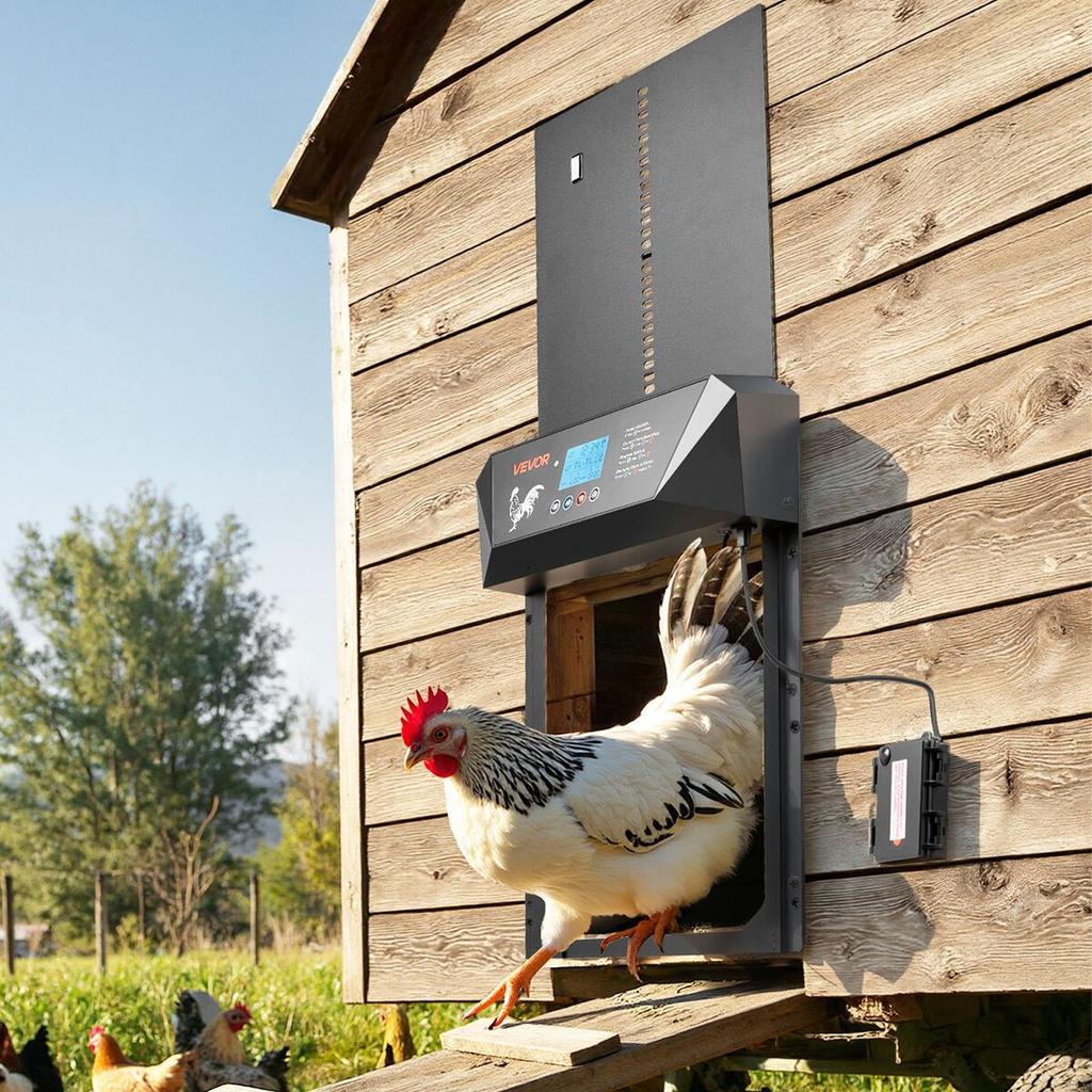 Automatic Chicken Coop Door, DC & Battery Powered Chicken Door with LCD Display, Light Sensor, Timer & Manual Setting, Anti-Pinch Security, Durable