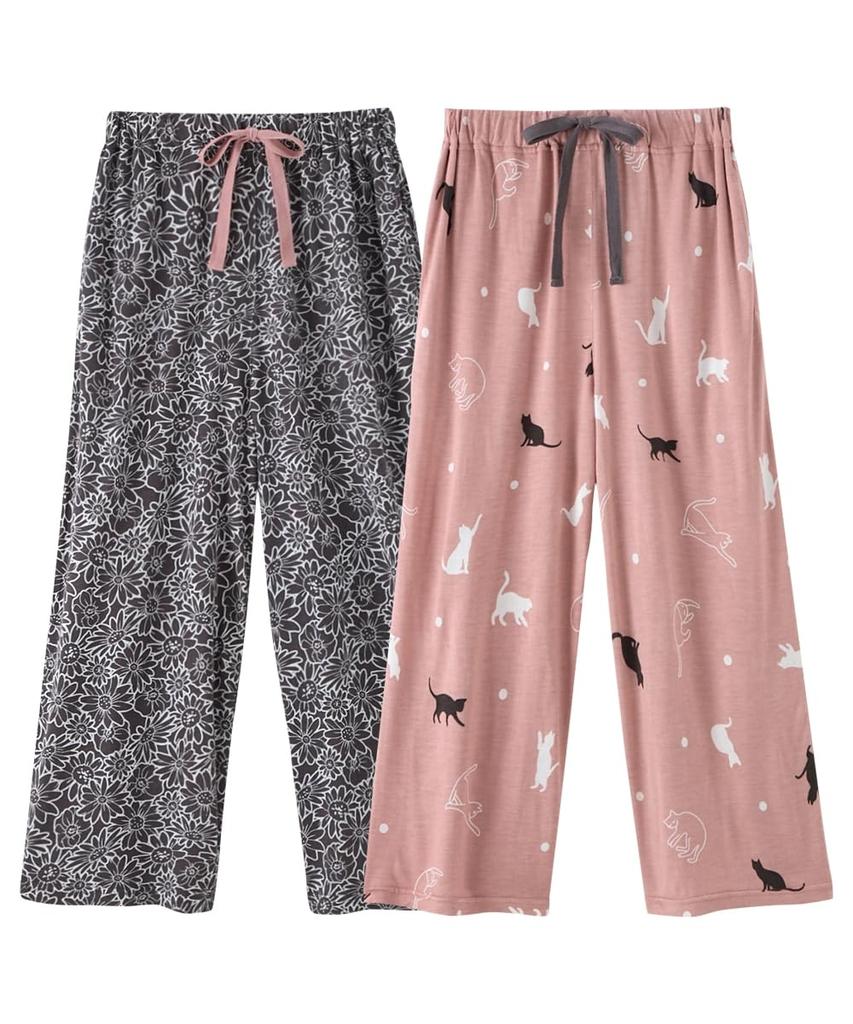 Nissen Loungewear Relaxed Set of Charcoal Floral Print Pink Cat Size 10L Women's Cool-Touch Bottoms, Fit, 3/4 Length, 2, + Print,