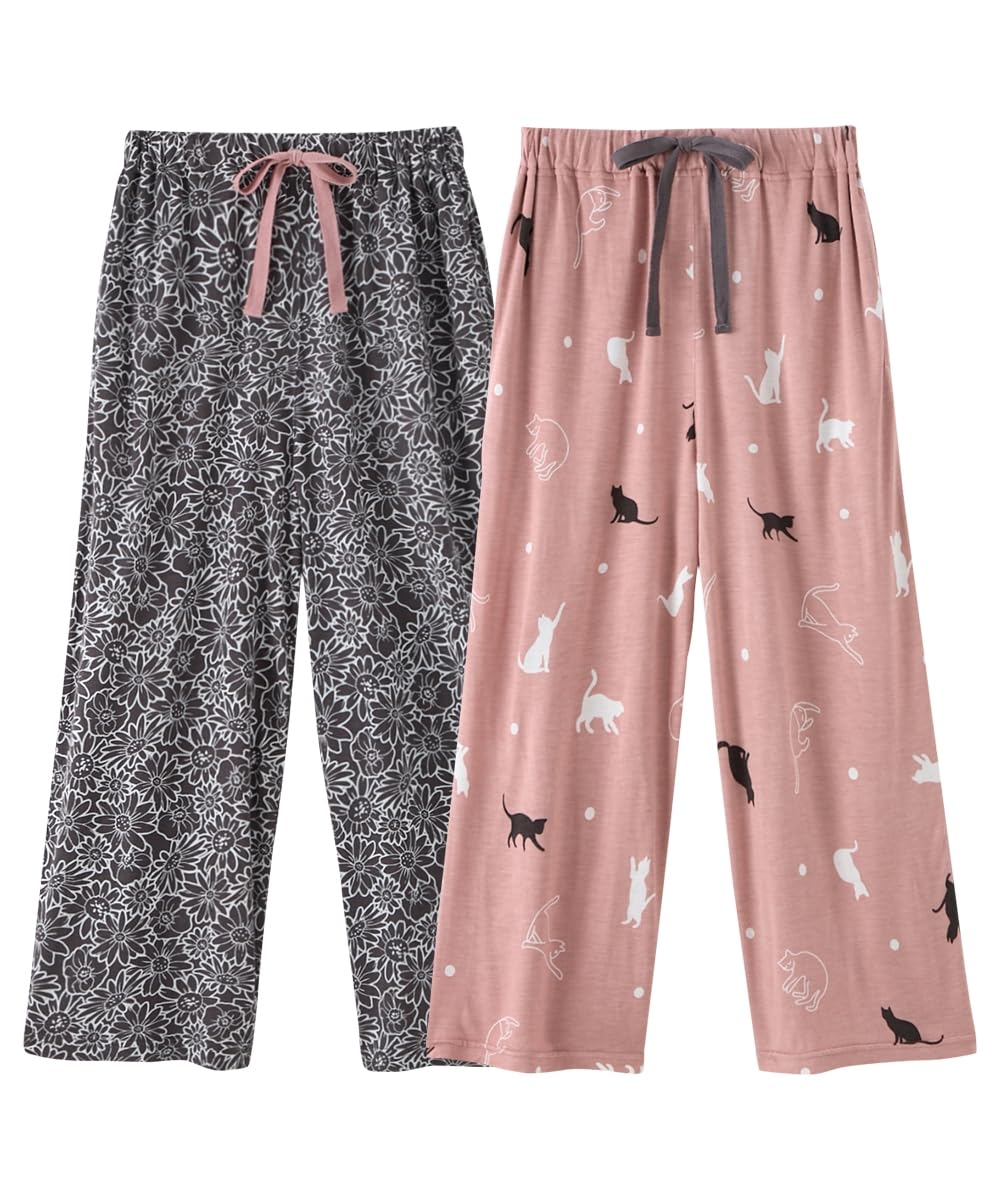 

Nissen Домашняя одежда Расслабленный комплект Угольный с цветочным принтом Розовый кот Размер 10L Женский Охлаждающие брюки, Посадка, Длина 3/4, 2, + Принт,