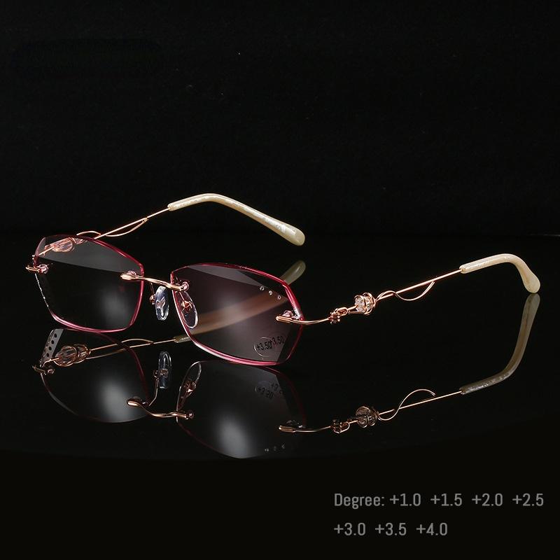Diamond Cutting Reading Eyeglasses Alloy Rimless Women Pink Gradient Reading Glasses Woman Rhinestone Metal Anti Blue +3.0