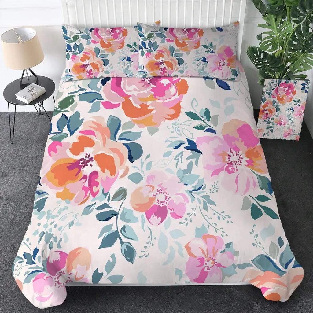 Aquarell Botanische Blume Bettbezug-Set King Size Wildblume Orchidee Floral Bedrucktes Bettwäsche-Set Elegante Shabby Chic Tagesdecke