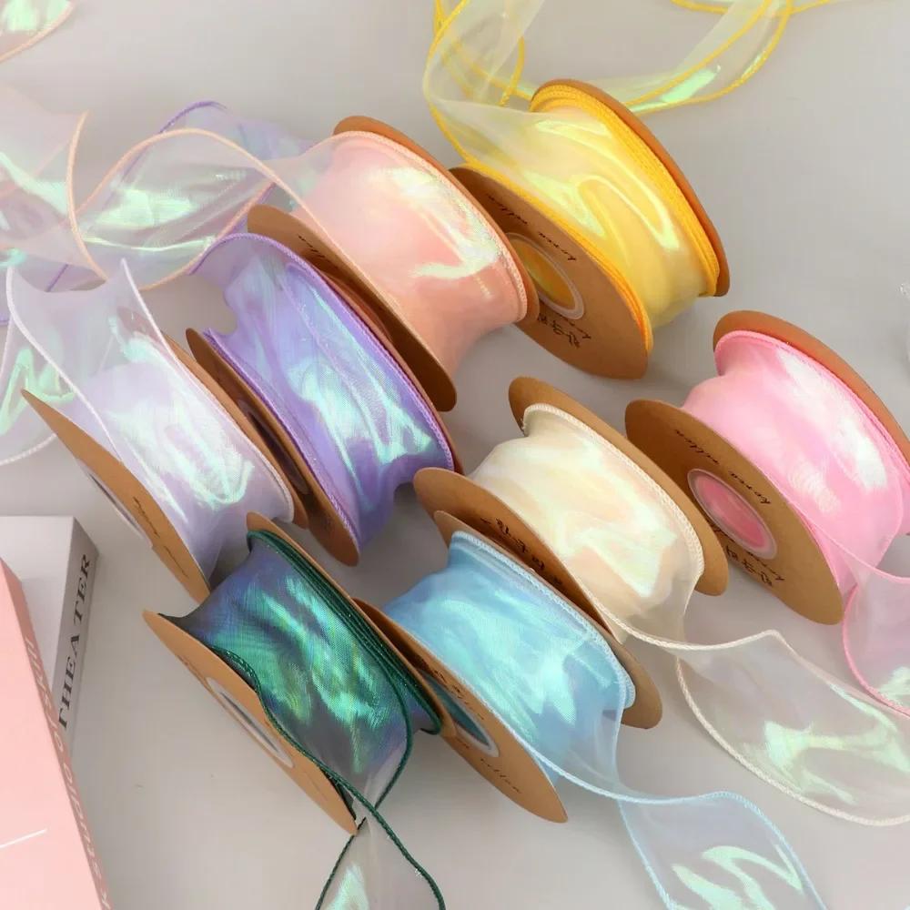 Fishtail Yarn Ribbon Bouquet Packaging Material Rainbow Color Lace Tail Yarn Ribbon Wave Chiffon Yarn Gift Strap