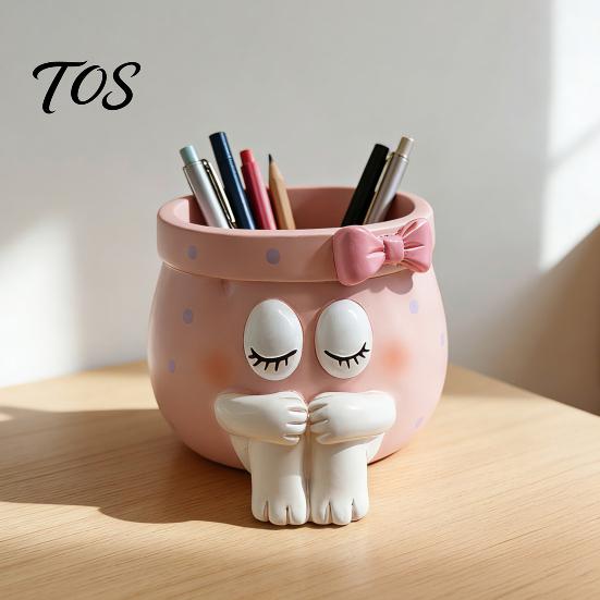 Unique Birthday Gifts for Girls Cute Cartoon Girl Pen Holder, Resin Makeup Brush Decorative Desktop Storage Accessories Organizer with Bow Design,