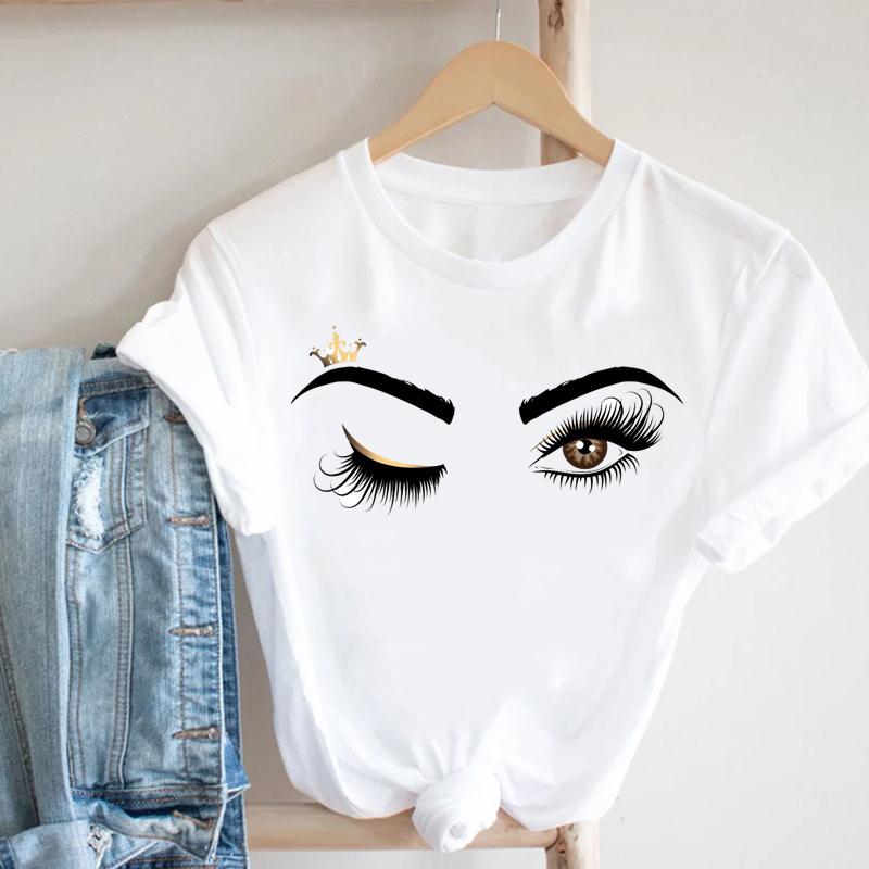 Summer Fashion Women T-shirt Short Striped Make Up Printing Spring Sleeve Lady Print Tee Top Female Clothing Casual Graphic T-shirt